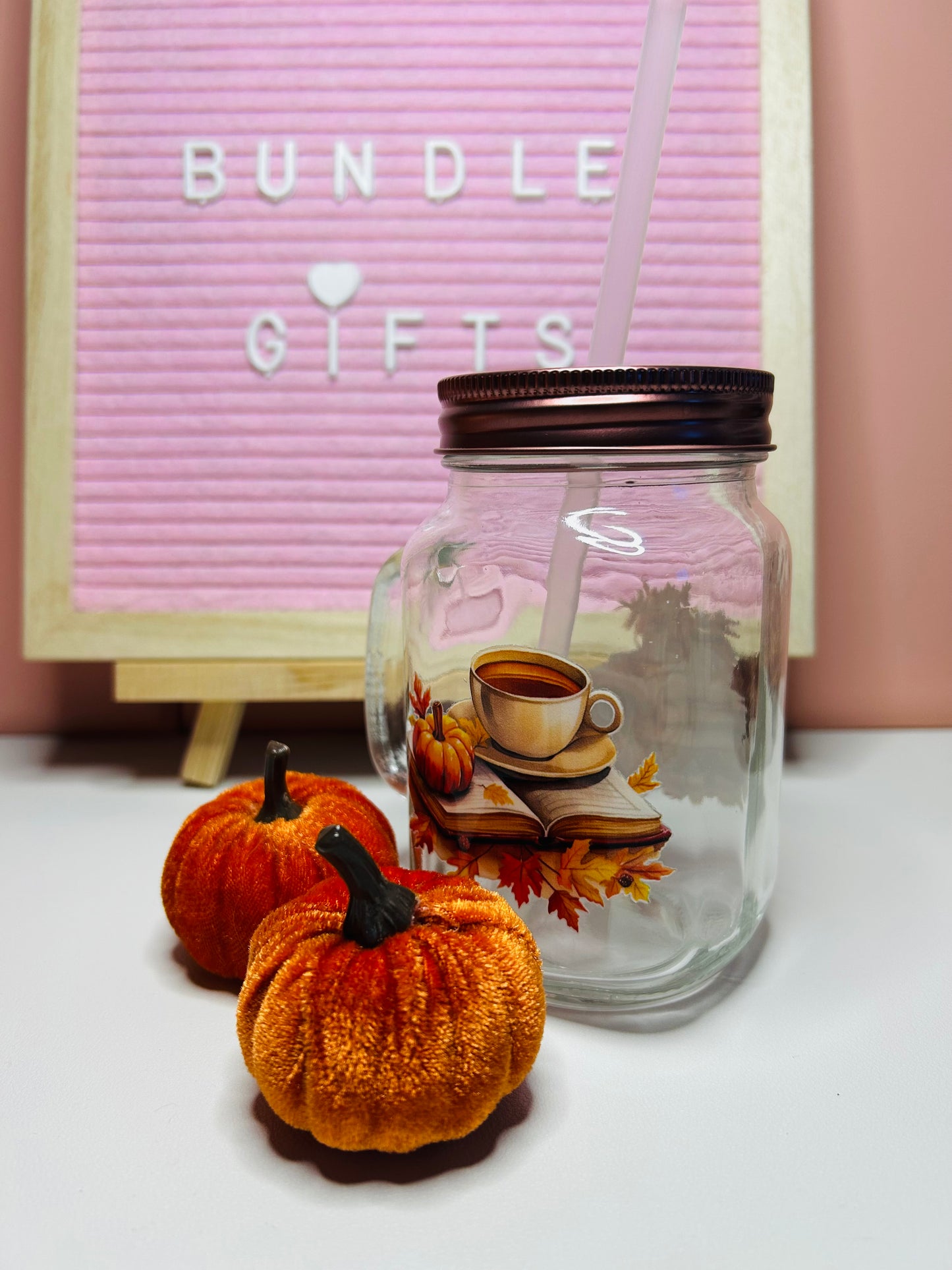 Handmade Autumn Themed Glass Mason Drinking Jar