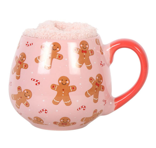 Pink Gingerbread Rounded Mug & Fluffy Socks Gift Set